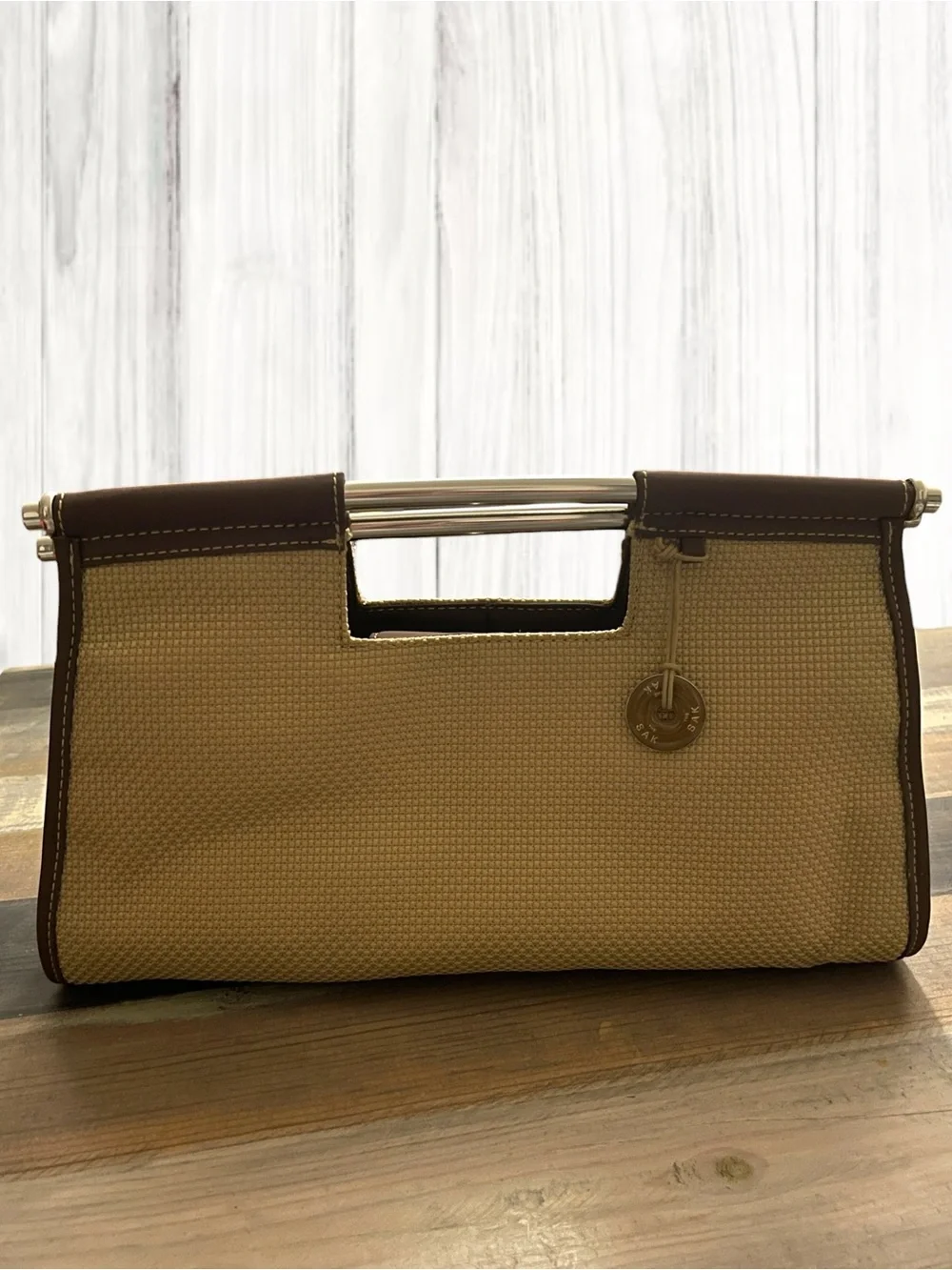 The Sak Vintage Y2K Woven Tan & Brown Handbag Metal Bar Handles NWOT